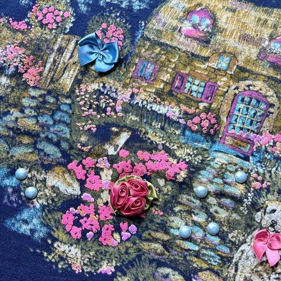 90s Vintage Bobbie Brooks Large Navy Cottage Screen Printed SS Tee Shirt - Picture 4 of 9